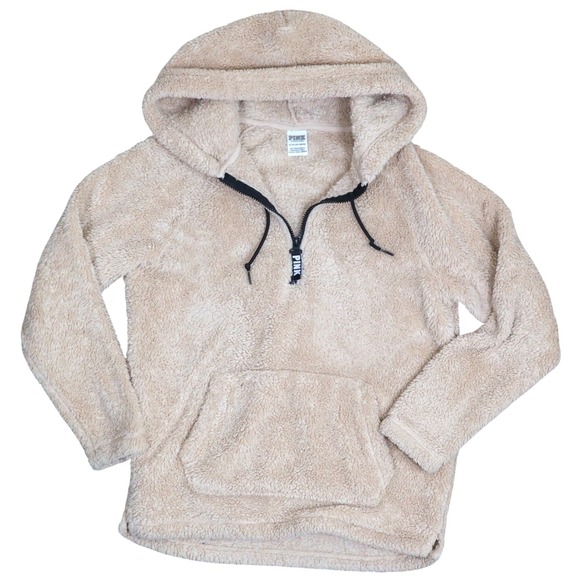 PINK Victoria's Secret Tops - PINK‎ Victoria's Secret Sherpa Teddy Fleece Hoodie XS Beige Quarter Zip Pullover